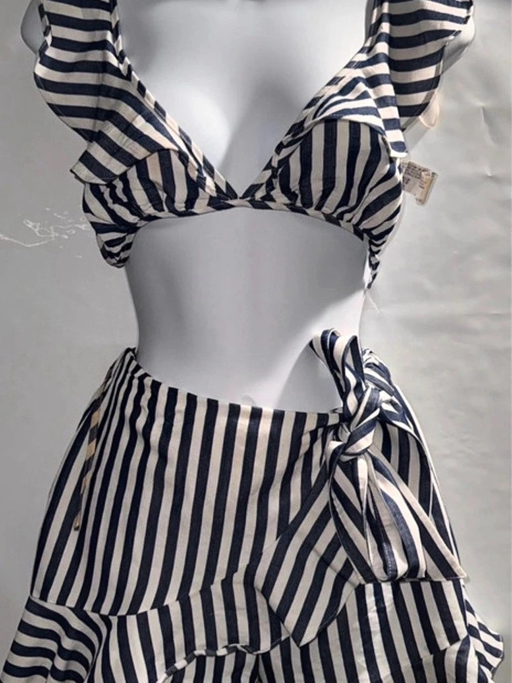 Striped Ruffle Bikini Set in Blue & White